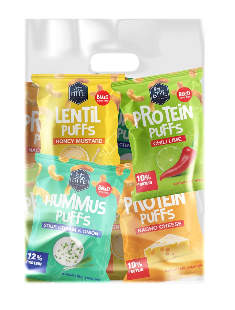 LiteBite Egypt HI PROTEIN PUFFS variety pack showing eight assorted flavor bags