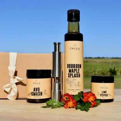 Tweed Real Food Avo Smash Gourmet Gift Hamper with dukkah seasoning balsamic vinegar and grinder salt in gift box