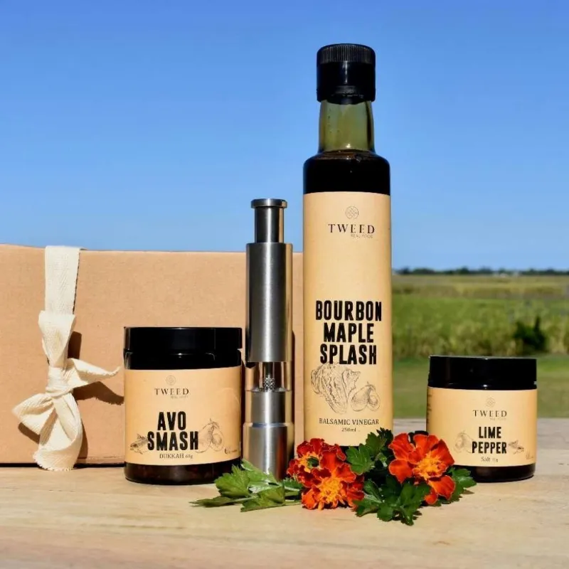 Tweed Real Food Avo Smash Gourmet Gift Hamper with dukkah seasoning balsamic vinegar and grinder salt in gift box