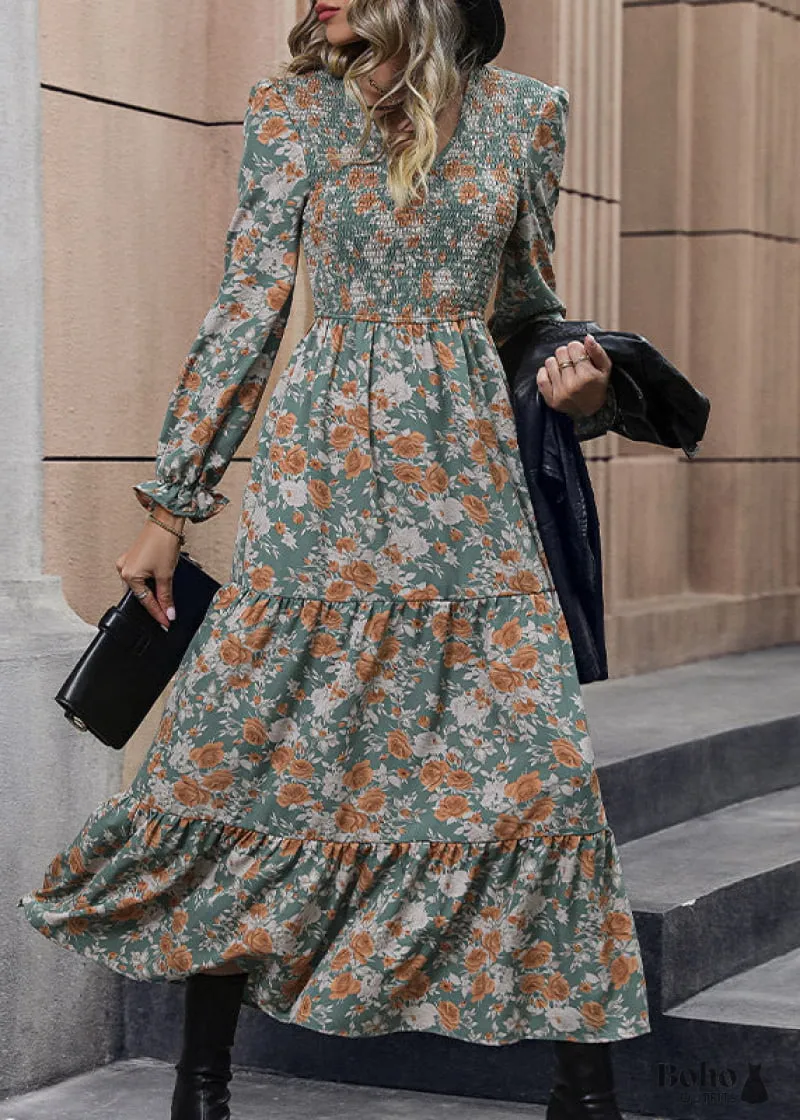 Boho Dress 2024 V-neck long-sleeved printed shirring dress in green floral print