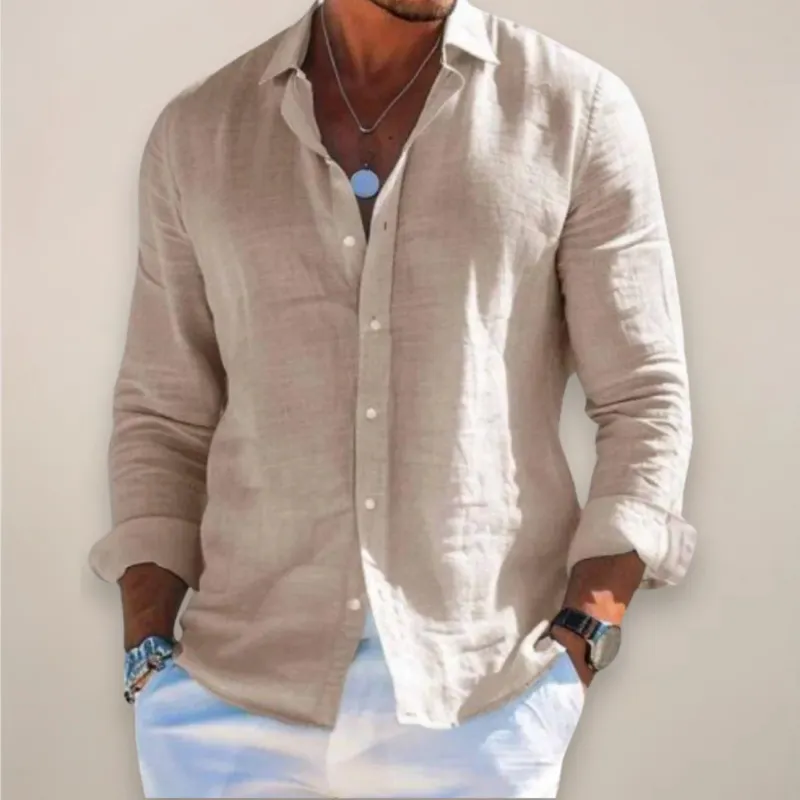 Falour Men's Linen Long Sleeve Button-Up Shirt with Collared Neck in casual style