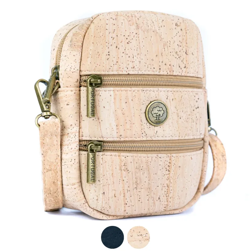 Corkadia Cork Crossbody Phone Bag showing dual zipper vegan sling purse with adjustable strap