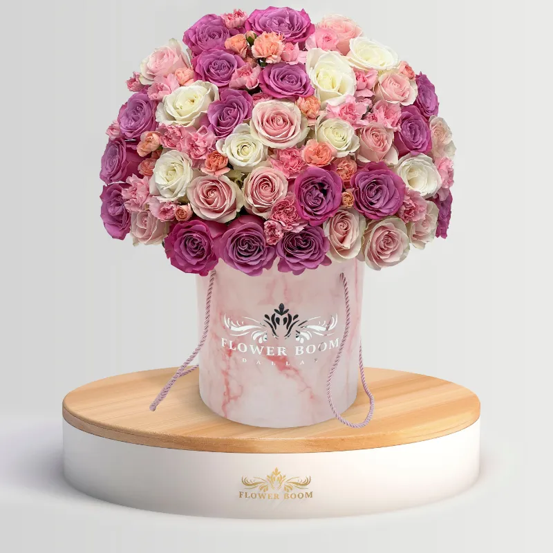 Flower Boom Dallas Lilac Whisper purple blush and white rose bouquet arrangement