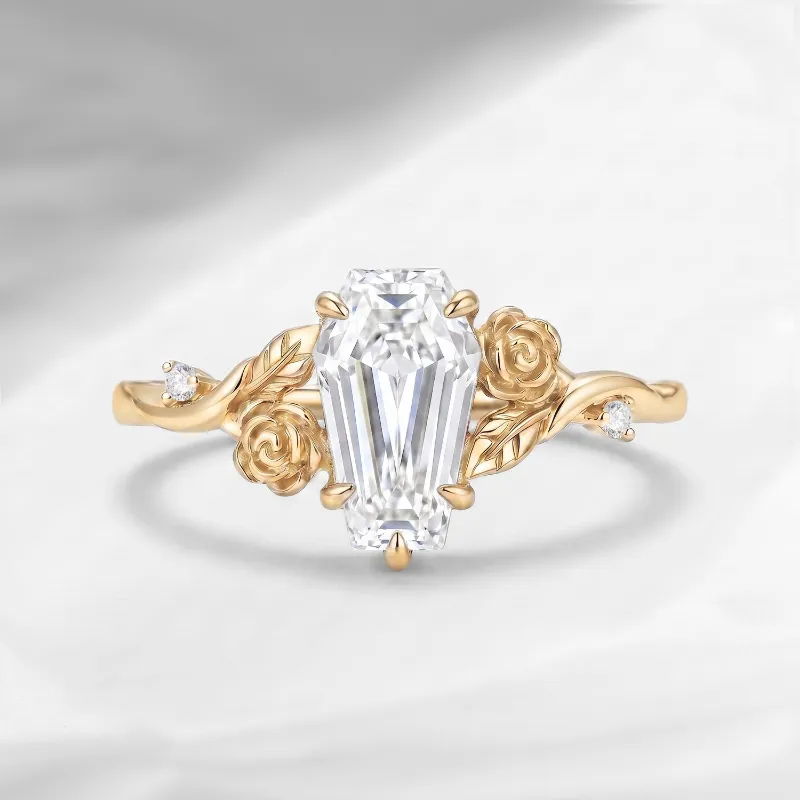 Starlandus A Rose Is A Rose Is A Rose nature inspired coffin cut moissanite romantic rose flower engagement ring with rose-inspired band