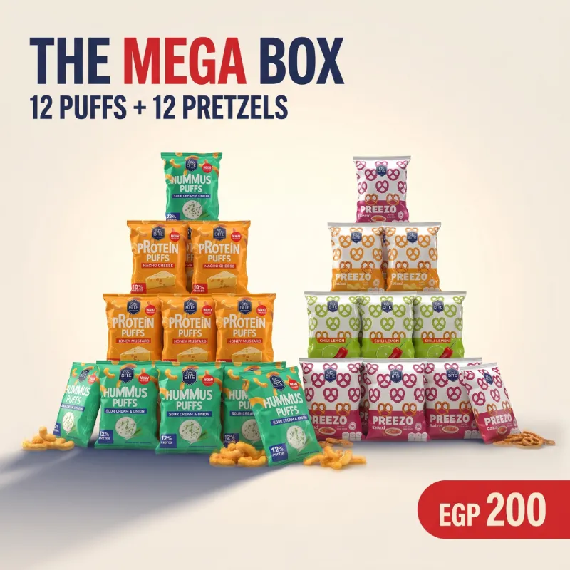 LiteBite Egypt The Mega Box showing assorted Lite Puffs and Preezo pretzel packs