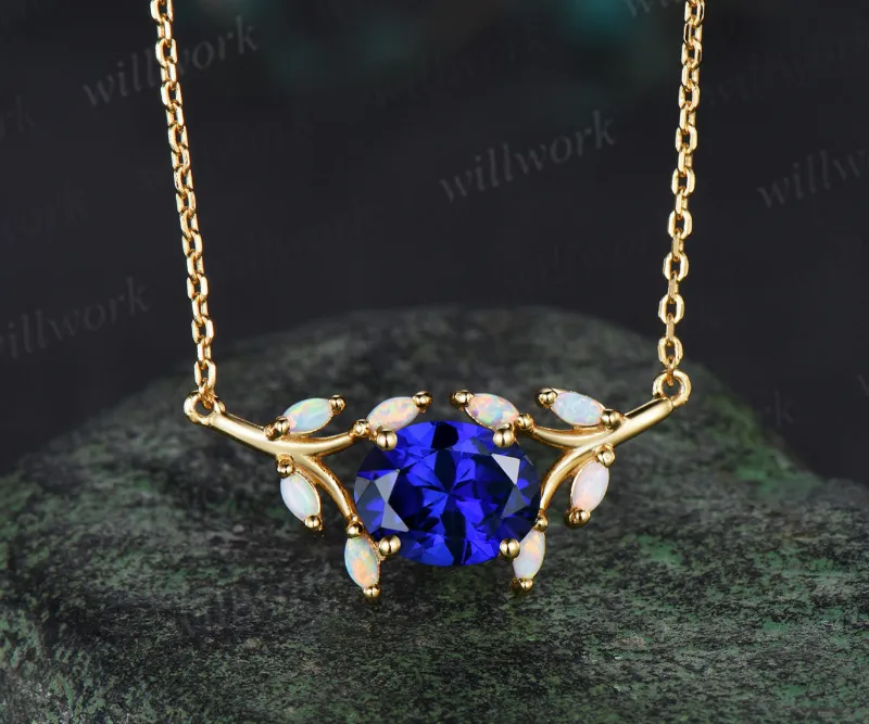 WillWork Jewelry 2ct oval blue sapphire necklace, oval sapphire pendant with opal halo and adjustable chain