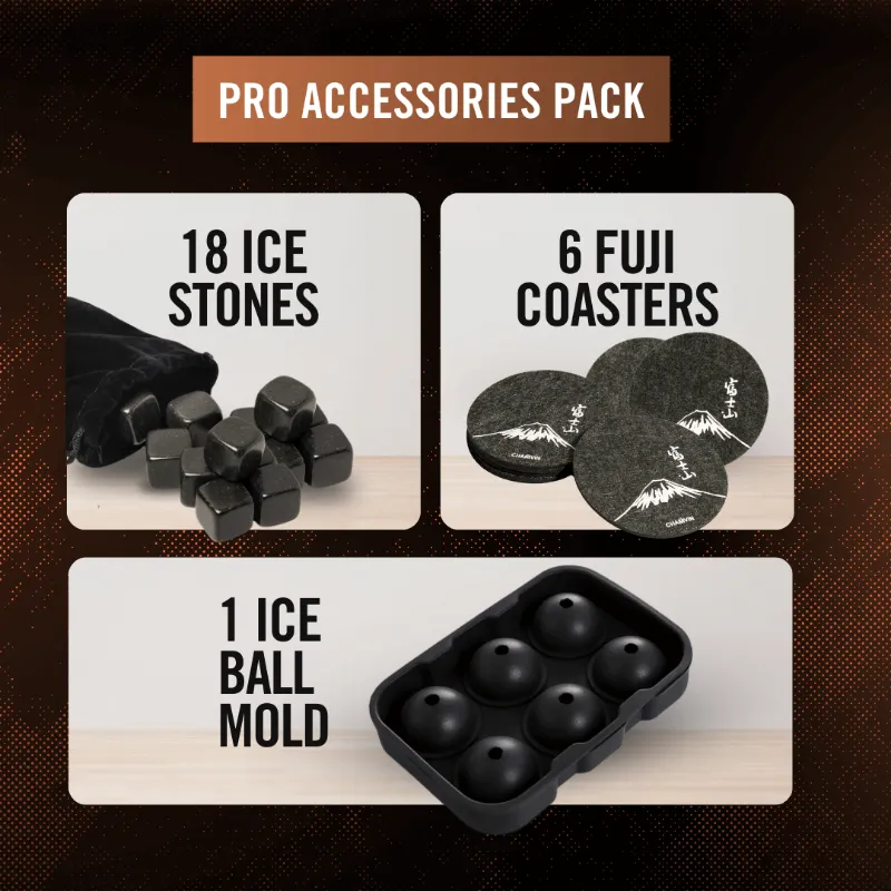 TsukiGlass Pro Accessories Pack with 18 ice stones, six Mount Fuji coasters and ice mold