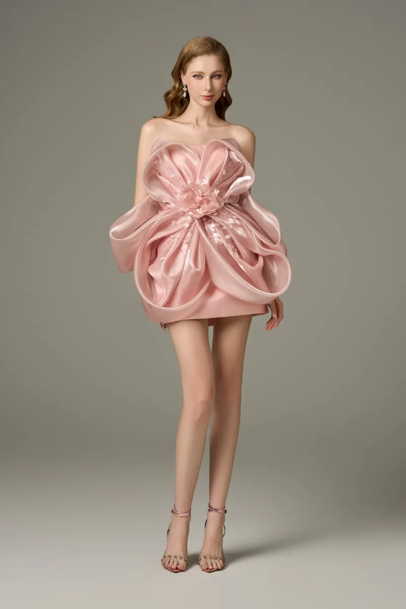 Kalisa Flora Six Petal Flower Bandeau-Neck Mini Dress on model