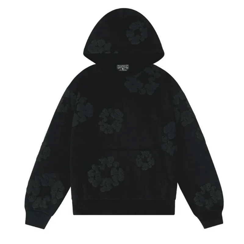 AfewVibe Denim Tears Cotton Wreath Hoodie Black Monochrome, black hoodie with all-over wreath print