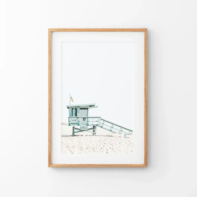 Wall Art Set Blue Lifeguard Hut Wall Art Print Santa Monica Beach showing iconic lifeguard hut on sandy shore