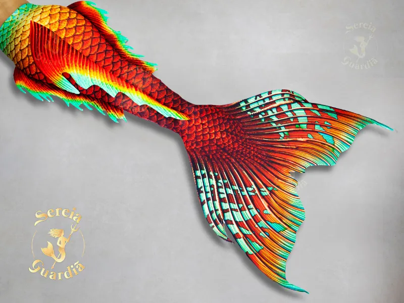 Sereia Guardiã Guardian Mermaid tail Drina from the Noronha Island Collection, showing its realistic print and large fin