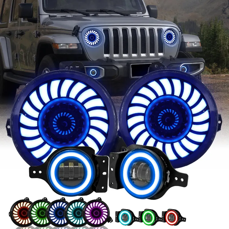 Sunpie 9" RGBW 3D LED Lens Halo Headlights + 4" RGBW Fog Lights Combo Kit for 2018-2026 Jeep Wrangler JL JLU 4xe & Jeep Gladiator JT
