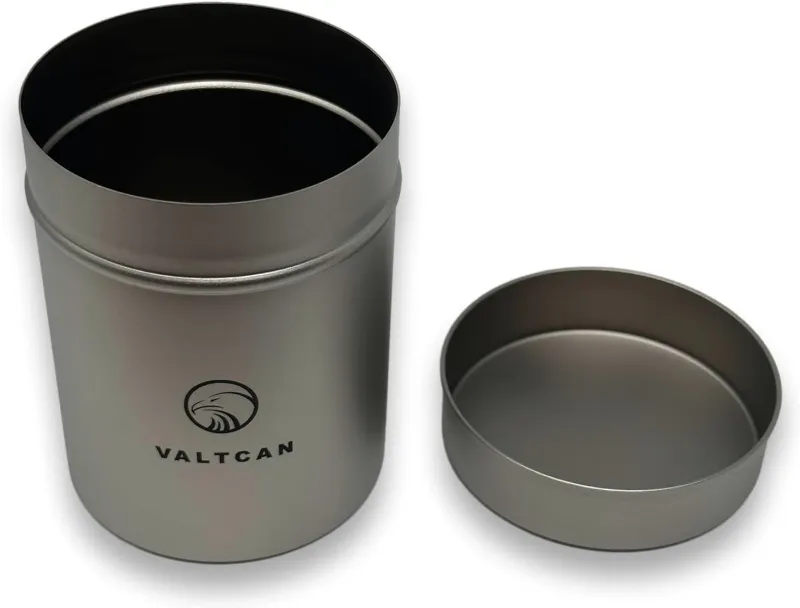 Valtcan Titanium Canister 250ml with press-fit lid, shown sealed on white background