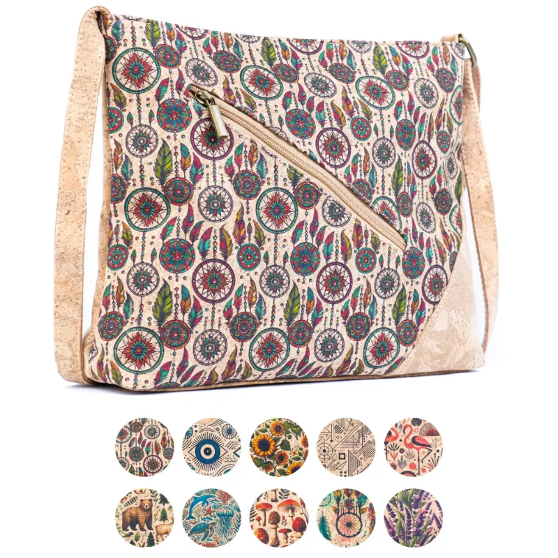 Corkadia Cork Crossbody Shoulder Bag BAG-2395 showing colorful printed cork design with adjustable strap