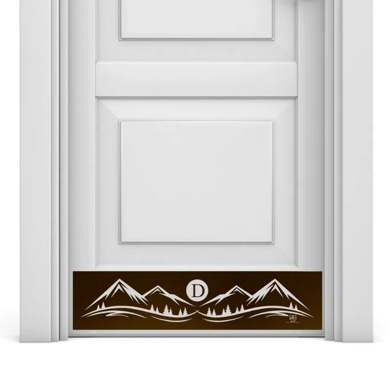 Deck the Door Decor Mountain Monogram Engraved Door Kick Plate with rustic mountain design and custom letter