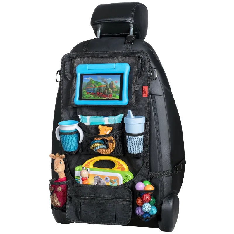 Lusso Gear Back Seat Hanging Organizer filled with toys, books, and travel items