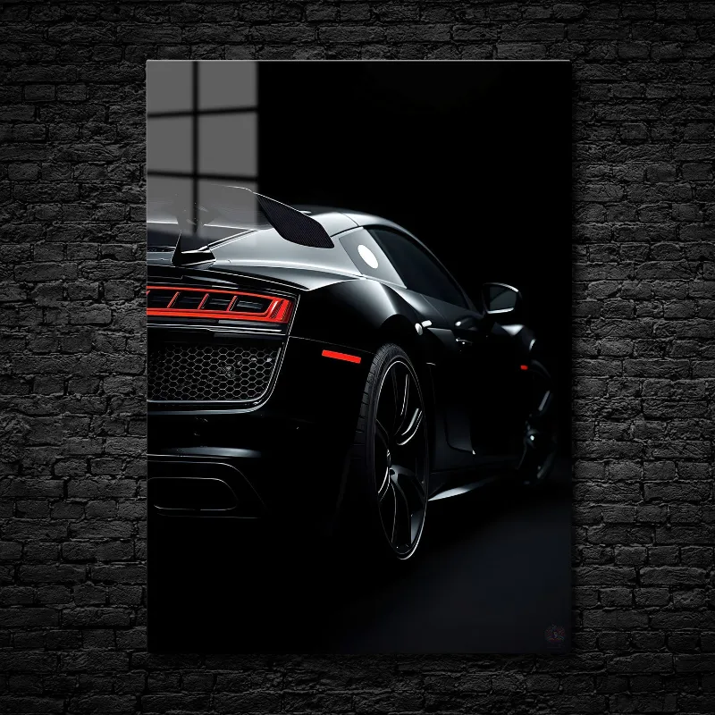 CruArt Shadow Speed metal print featuring black sports car silhouette with red taillights
