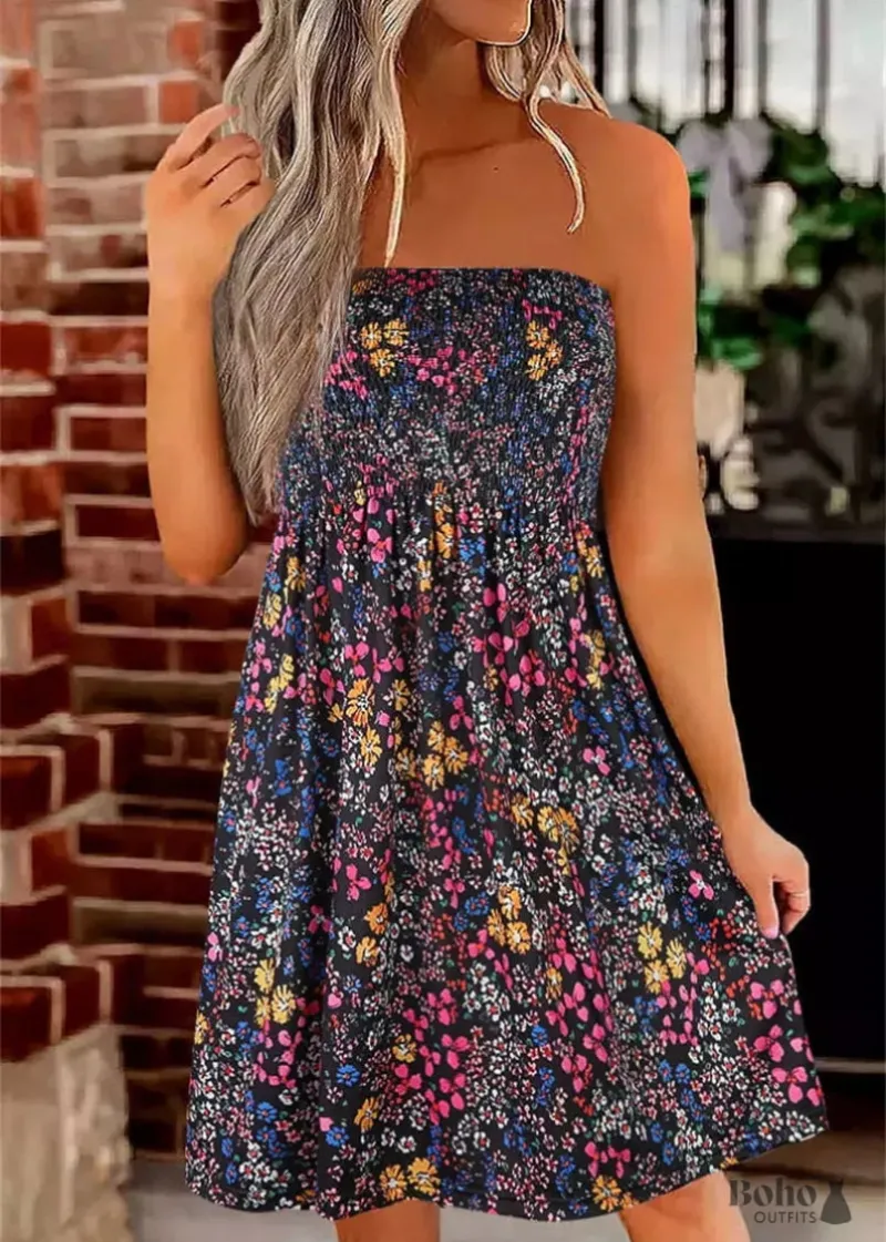 Boho Dress Bohemian Floral Beach Dress, a sleeveless off-the-shoulder floral midi dress