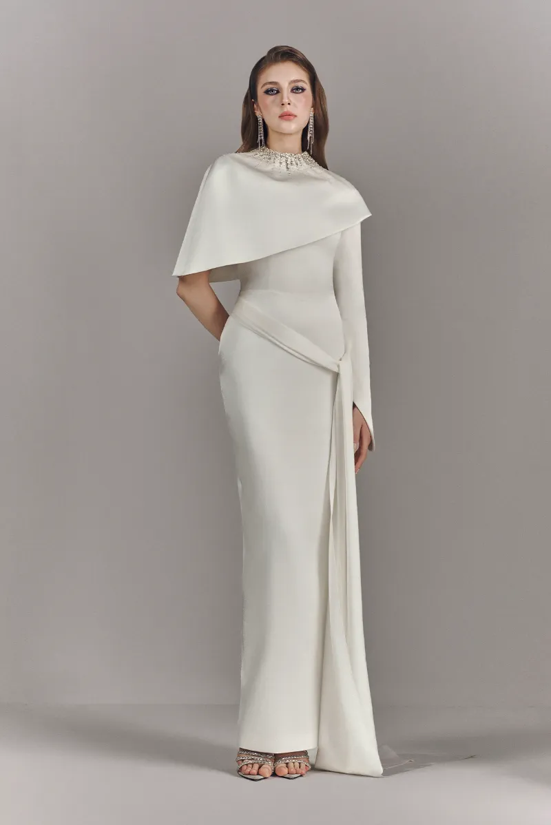 Kalisa Alessira High Neckline Maxi Dress, featuring asymmetric cape and structured neckline