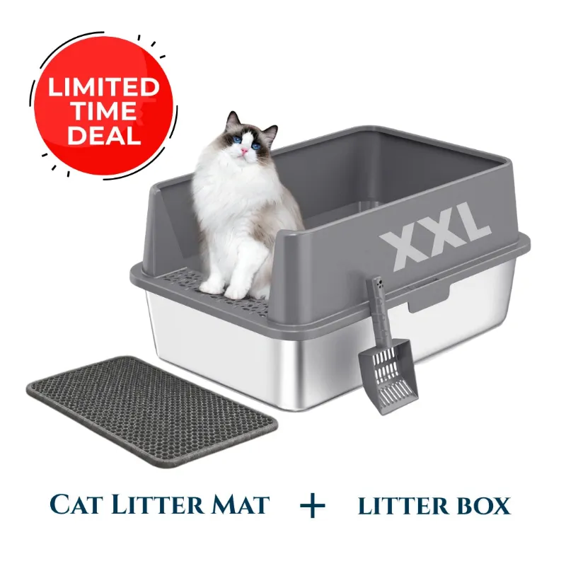 4FurBaby XXL 304 Stainless Steel Cat Litter Box with high sides and smooth interior