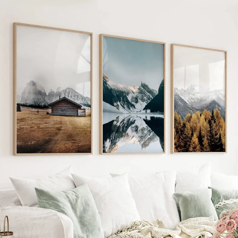 Wall Art Set 3 Piece Autumn Mountain Forest Lake Nordic Photo wall art