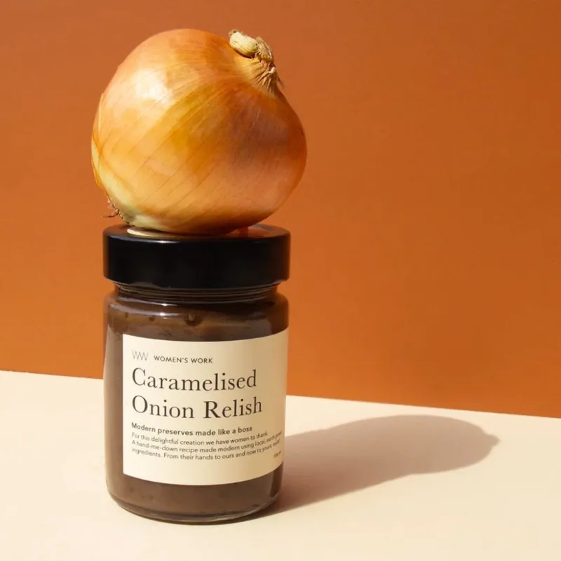 Tweed Real Food Caramelised Onion Relish 330g by Women's Work, a jar of slow-cooked onion relish