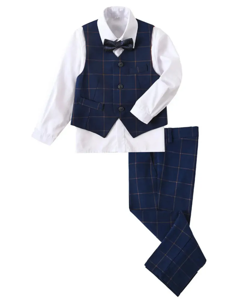 Wehilion Blue Plaid Boys 4 Piece Suit, page boy formal wedding outfit with vest and tie