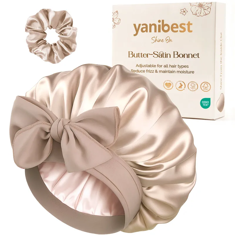 Yanibest Silk Butter Satin Bonnet with Tie Band in dual champagne, tie band close-up