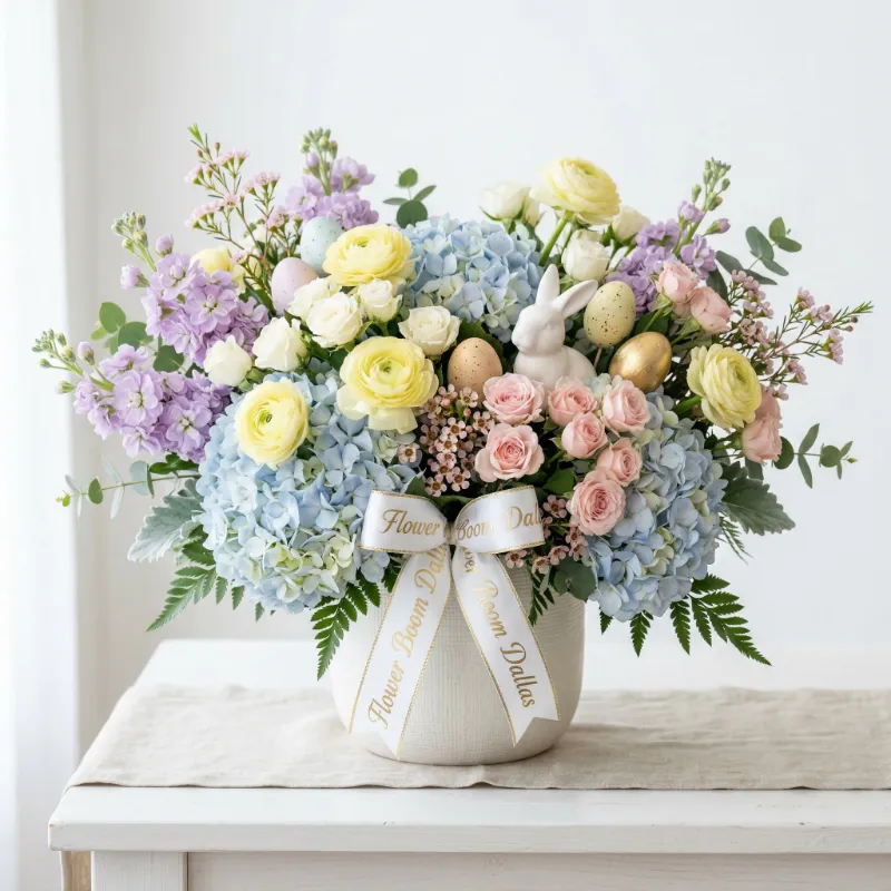 Flower Boom Dallas Elegant Pastel Easter Table Centerpiece with blue hydrangeas, yellow ranunculus, white bunny, and spotted Easter eggs in 