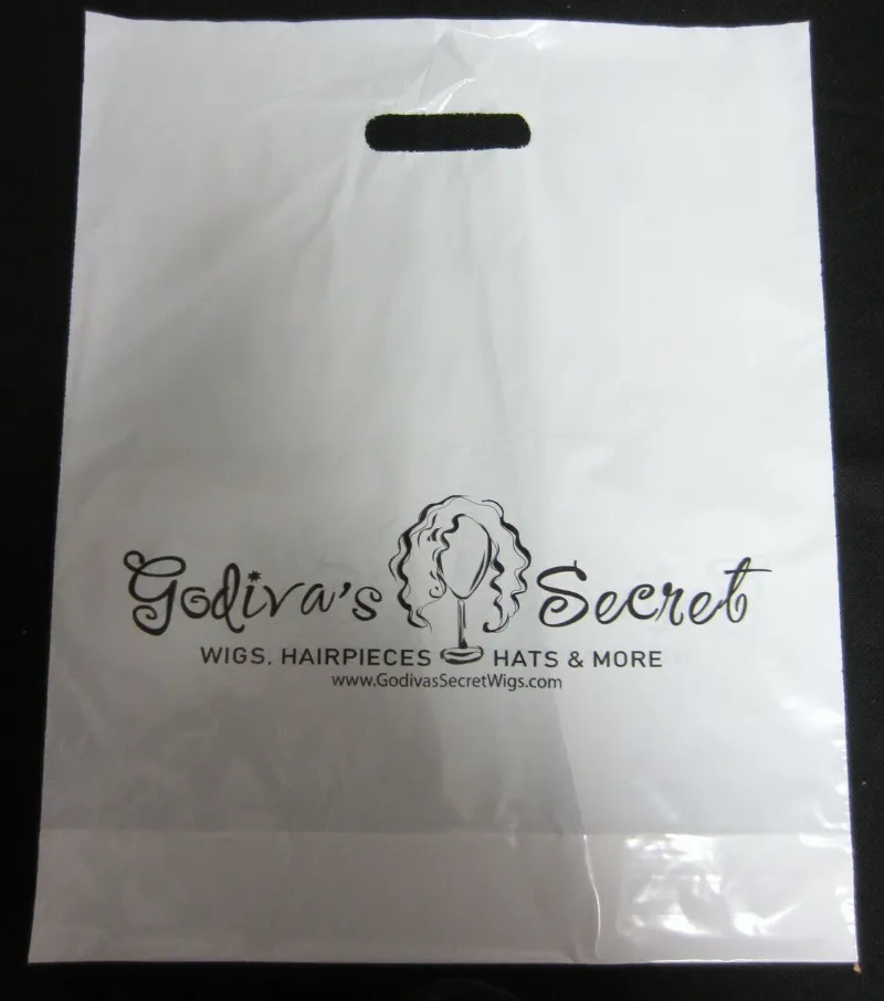 Godiva's Secret Wigs client bags, 50-pack, branded carrying bags stacked
