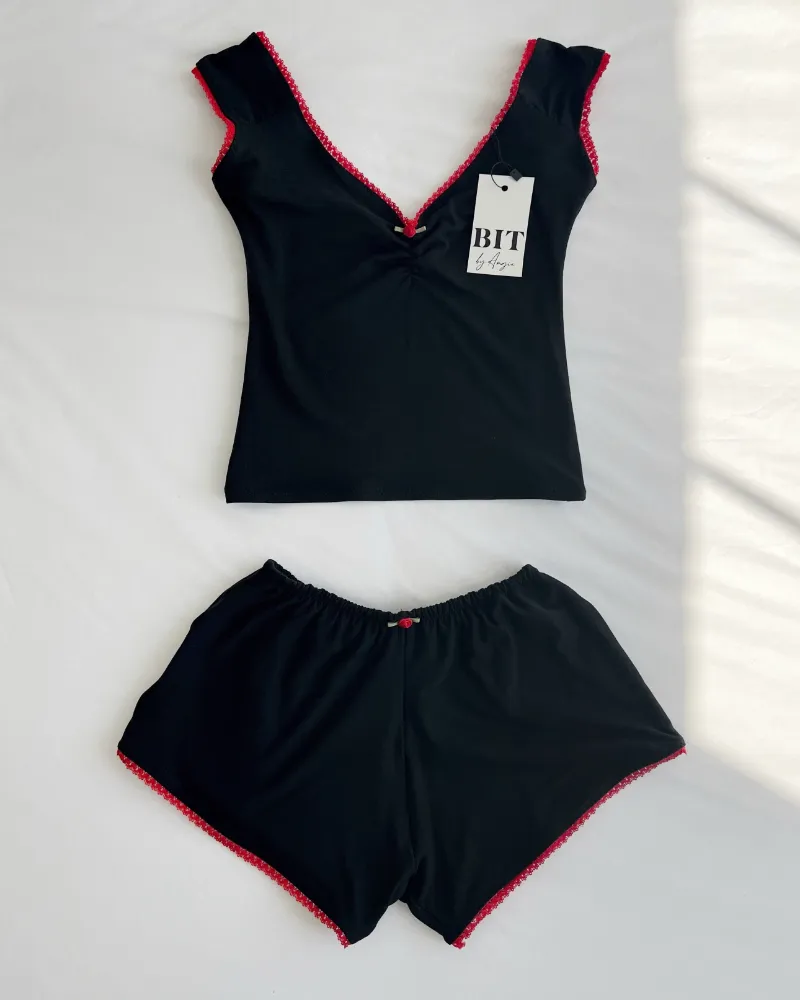 Bit By Angie Black cherry soda set showing a baby tee and matching shorts