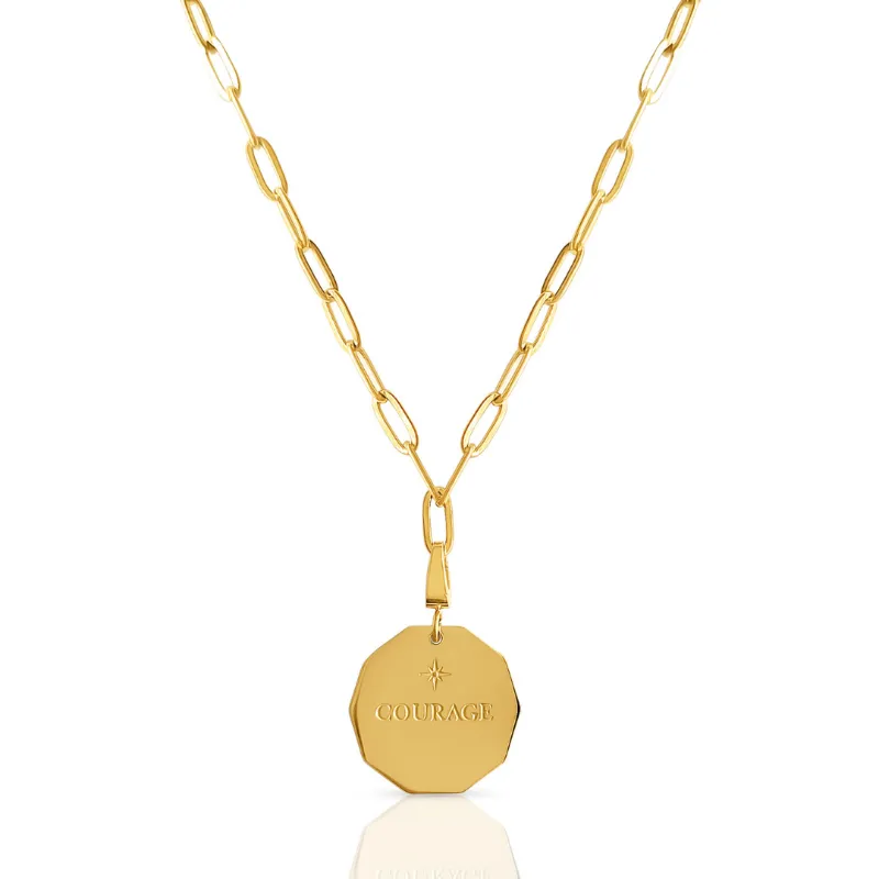 DORSYA The Courage Coin Necklace with octagonal engraved pendant on bold paperclip chain