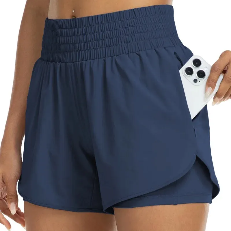 PUPU Sports Women's High-Waisted 2-in-1 Quick Dry Shorts with Zipper Pocket shown in athletic wear
