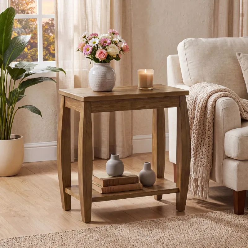 Tribesigns 23.62" solid wood end table with two-tier storage and chunky legs