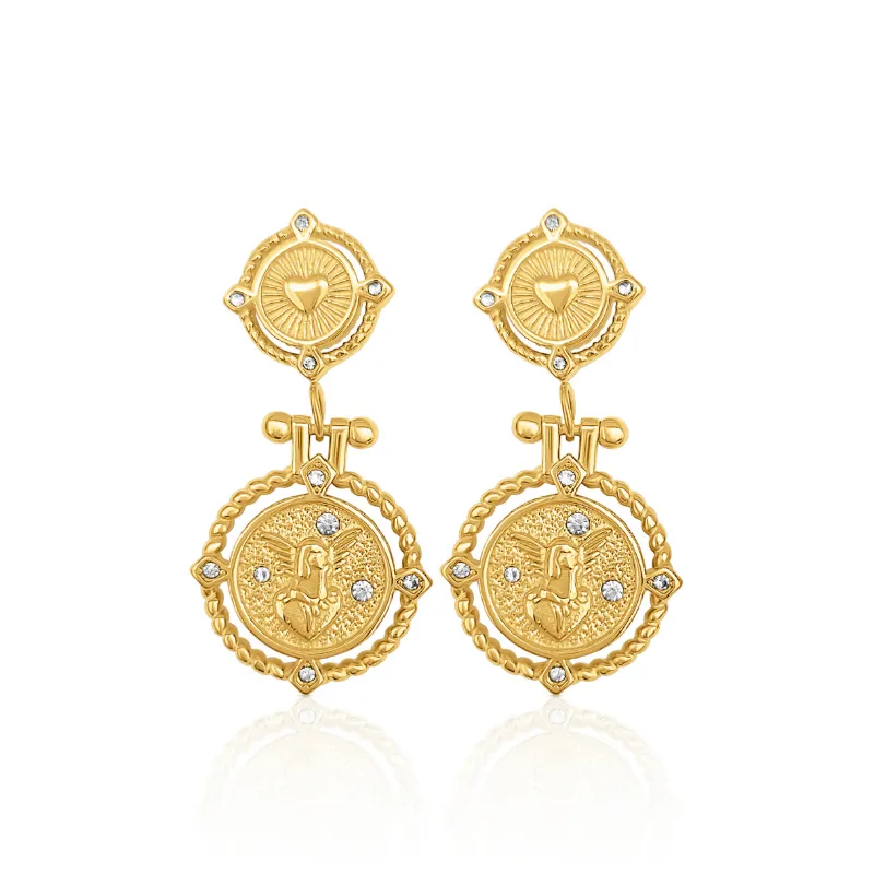 DORSYA Rome Coin Drop Earrings with gold medallions and crystal stones