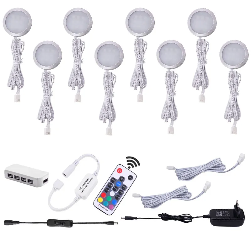 AIBOO RGB Color Changeable LED Under Cabinet Lights Kit 8 Packs of Aluminum Slim Pucks for Christmas Decorating Kitchen Counter Furniture Am