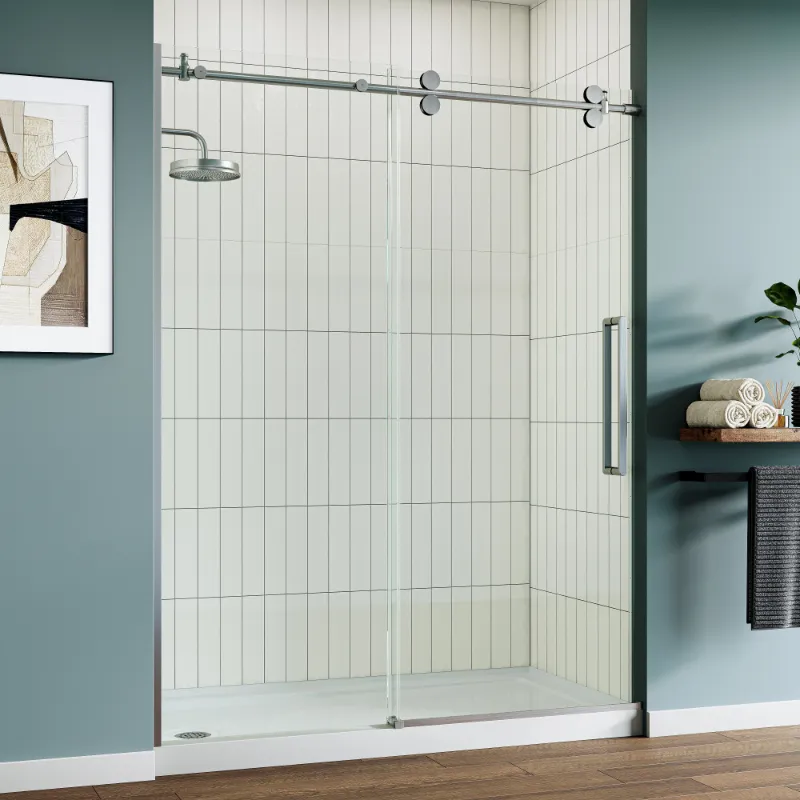 HOROW MI6076-BN 60 inch Frameless Glass Shower Door in brushed nickel with dual handles