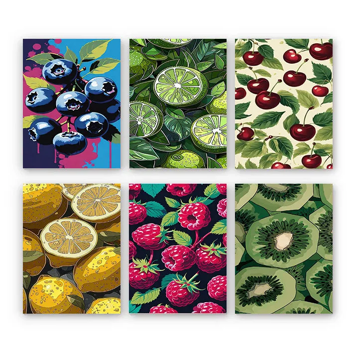 Maikoo Art 6 Mini PBN Fruit Feast Set framed showing six small framed fruit painting canvases