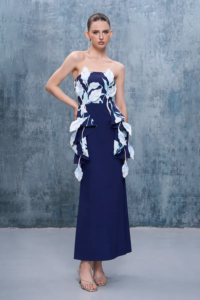 Kalisa Inen Bandeau 3D Calla Lily Floral Maxi Dress, full-length view of bandeau top and dimensional florals