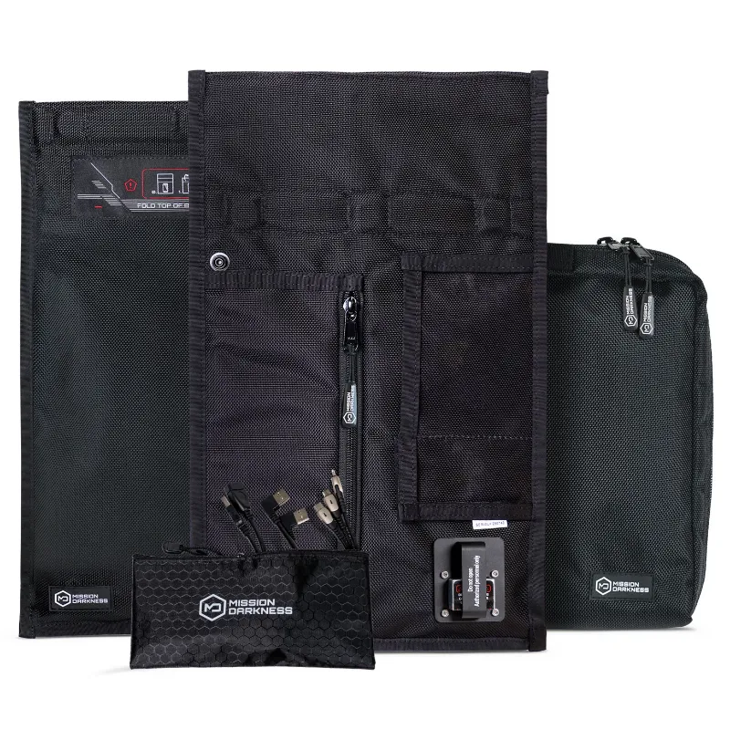 MOS Equipment Mission Darkness Non-window Charge & Shield Faraday Bag, black with USB filter cable system
