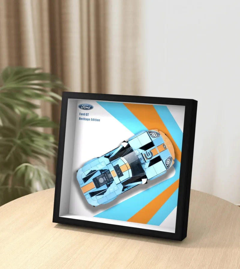 ICUANUTY Display Car Frame for Lego Speed Champions Ford GT Heritage Edition 76905 on wall showing white sports car