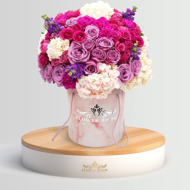 Flower Boom Dallas Mrs. Purpleboom luxury arrangement with purple roses, hydrangeas and calla lilies