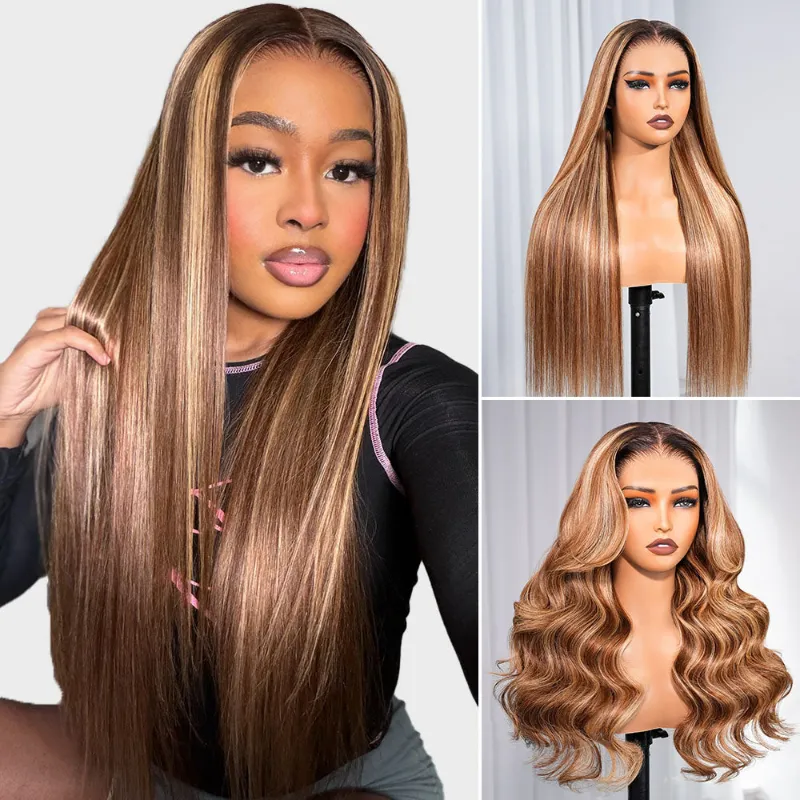 Megalook 13x6 Three-Go glueless wig honey blonde highlight silky straight, drawstring elastic shown