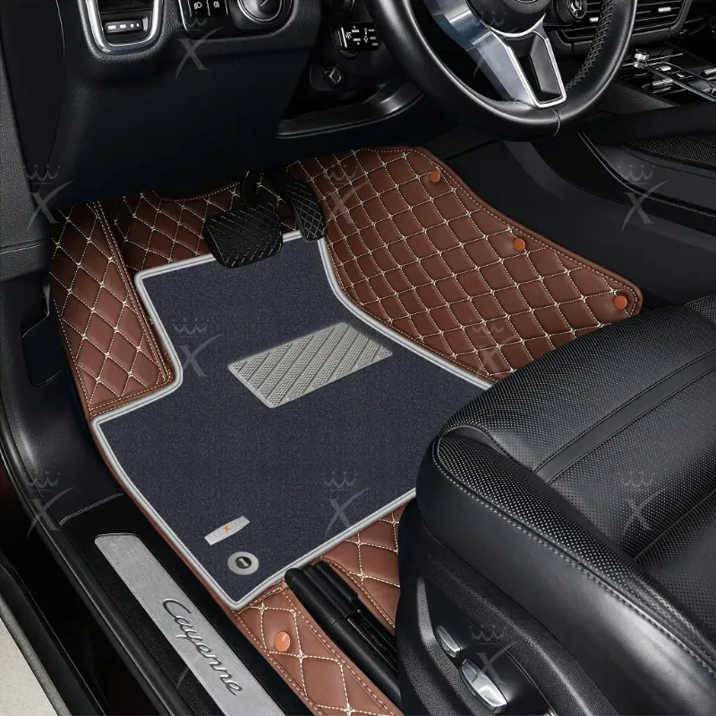 Luxus Car Mats Double Layer floor mats in chocolate brown and gray, diamond stitching detail