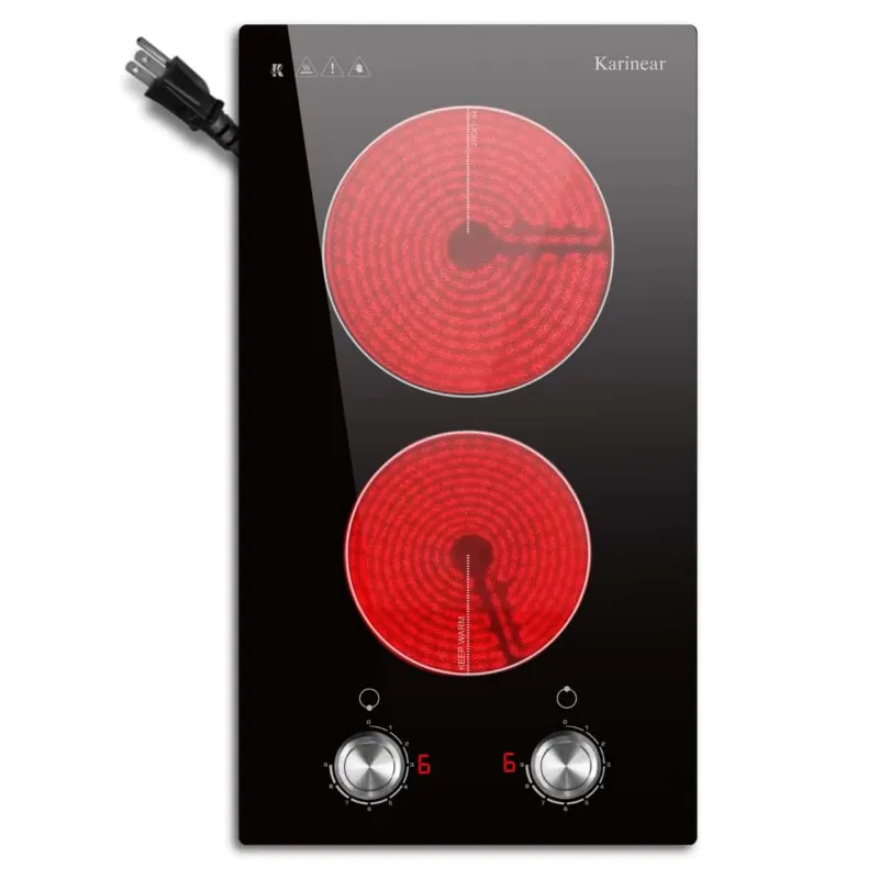 Karinear Appliances 12 Inch 2 Burner Knob Control Portable Electric Stove, black glass cooktop with two knobs and optional feet