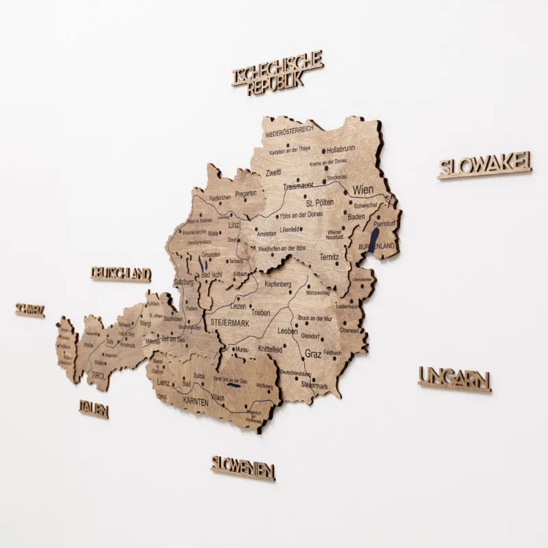 Enjoy The Wood 3D Wooden Map of Austria Terra showing layered wooden relief of Alpine terrain