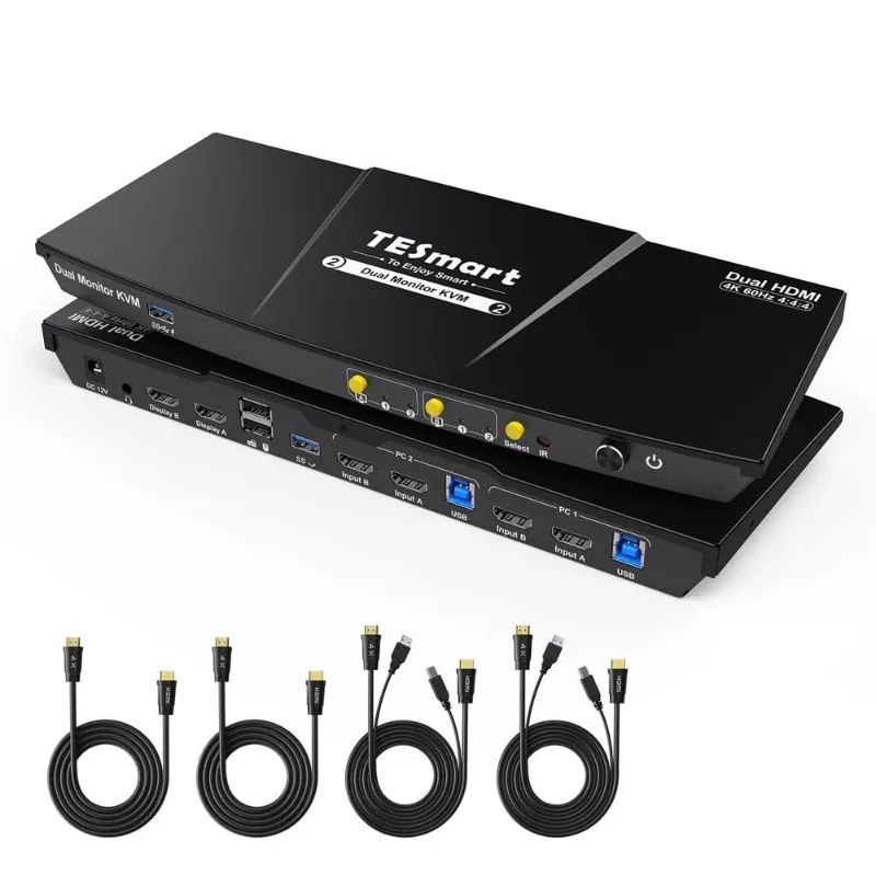 TESmart 2 Port Dual Monitor KVM Switch Kit HDMI 4K60Hz with USB 3.0 Docking Station and EDID