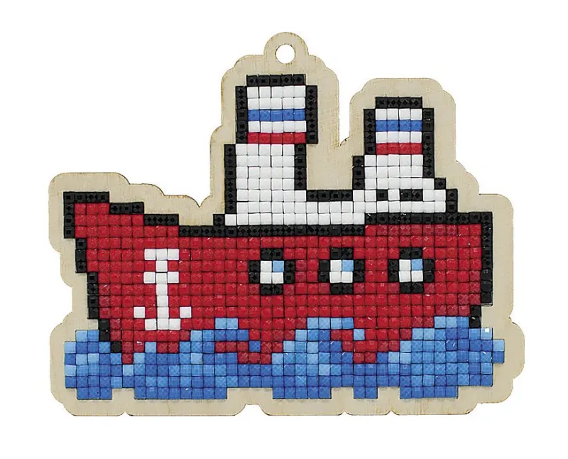 Varvikas 5D Diamond Painting Pendant Steamboat with wooden base, completed piece showing diamond-painted boat