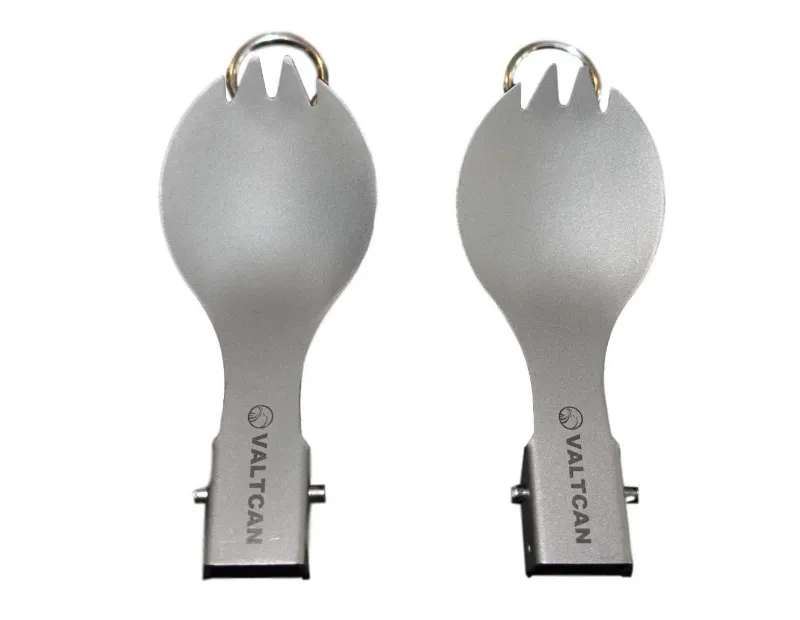 Valtcan Titanium Folding Spork Set showing two sporks in open and closed positions with carrying bag