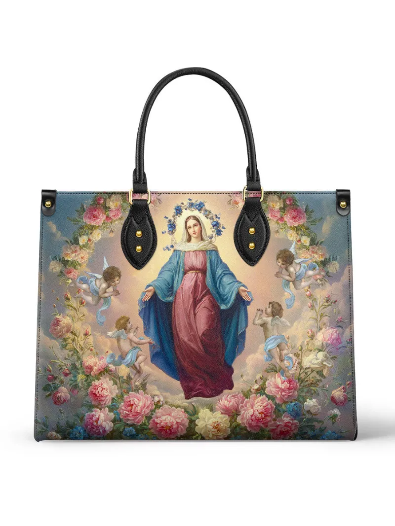 Catholight Assumption Of Mary Leather Bag with Marian artwork and angels